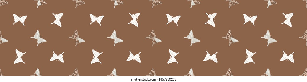 Seamless background butterfly insect gender neutral baby border pattern. Simple whimsical minimal earthy 2 tone color. Kids nursery wildlife rhopalocera edging fashion trim. 