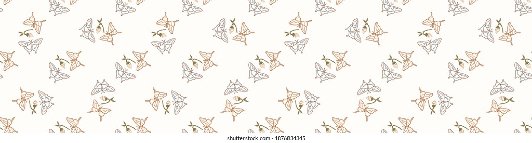 Seamless background butterfly insect gender neutral baby border pattern. Simple whimsical minimal earthy 2 tone color. Kids nursery wildlife rhopalocera edging fashion trim. 