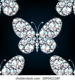 Seamless background with butterfly made of gems and diamonds. For Valentine's Day, Women's Day, Birthday. 3D realistic illustration. Black background. Vector.