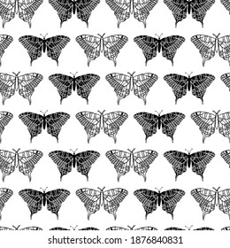 Seamless background of butterfly, outline, pattern, print, insects, wings, moth, bug, doodle style, simple, wallpaper, gift paper, print, backdrop, typography, entomologist, black, white, butterfly