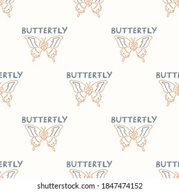 Nahtloser Hintergrund-Schmetterling mit Text-geschlechtsneutralem Muster. Whimsical minimale Erdung 2 Töne Farbe. Kindermädchen, Kindermädchen oder Boho-Cartoon-Bug-Mode im Druck.