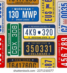 Seamless background by car numbers of vehicle registration in USA states. Metal sign boards automobile plates with digits and letters. Vector illustration