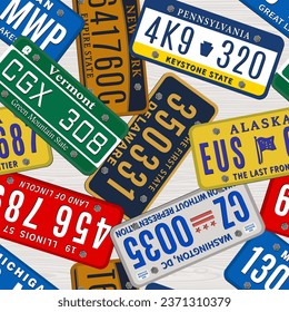 Seamless background by car numbers of vehicle registration in USA states. Metal sign boards automobile plates with digits and letters. Vector illustration