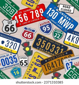 Seamless background by car numbers of vehicle registration in USA states. Metal sign boards automobile plates with digits and letters. Vector illustration