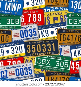 Seamless background by car numbers of vehicle registration in USA states. Metal sign boards automobile plates with digits and letters. Vector illustration