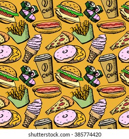 Seamless background by fast food elements. Vector stock illustration
