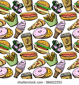 Seamless background by fast food elements on white background. Vector stock illustration