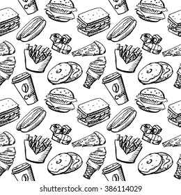 Seamless background by fast food elements. Hot dog, donuts, pizza, sushi, ice cream, burger, coffee cup. Vector stock illustration