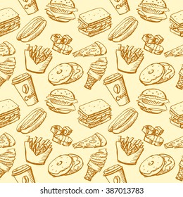 Seamless background by fast food elements. Vector stock illustration