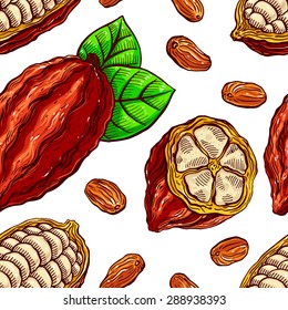 seamless background of cacao beans, fruit and leaves. hand-drawn illustration