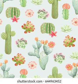 Seamless background with cacti, succulent and flowers, floral vector illustration.