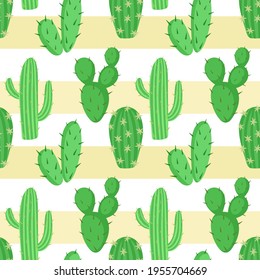 Seamless background with cacti. Various cacti on the sand. Succulents in a scattered, repeating pattern. Desert Evergreens.Vector.