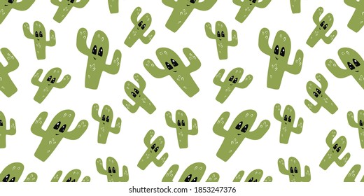 Seamless background with cactus. Decorative cute wallpaper for the nursery in the Scandinavian style. Suitable for children's clothing, interior design, packaging, printing.