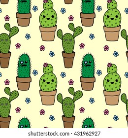 Seamless background with cactus is hand drawn