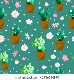 A seamless background of a cactus in a pot. Vector illustration