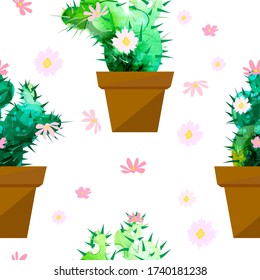 A seamless background of a cactus in a pot. Vector illustration