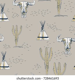 seamless background with cactus, skulls, teepee