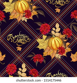 Seamless background in a cage, a wreath of autumn leaves, pumpkins, chrysanthemums. Suitable for greeting cards, harvest festival, thanksgiving, birthday, sale, discount, product labels, fabrics