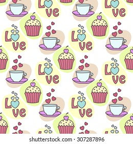Seamless background with cake and tea