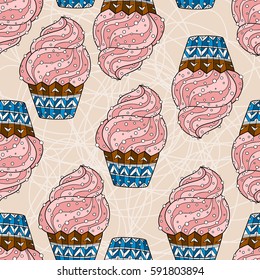 Seamless background with cake. Vector illustration of hand drawn made.