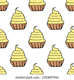 Seamless background with cakes baskets with yellow cream. Endless pattern on white background. Vector image. Sweet food. 