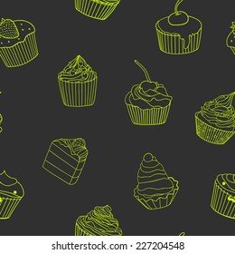 Seamless background with cakes. Can be used for wallpaper, pattern fills, textile, web page background, surface textures. Vector illustration.