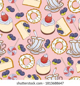 Seamless background with cakes, with cookies, with blueberries, with lollipop and cups. Seamless candy wallpaper on a pink background.