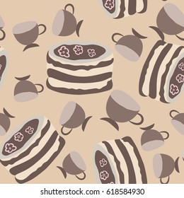 Seamless background with cakes with cream and cups.
