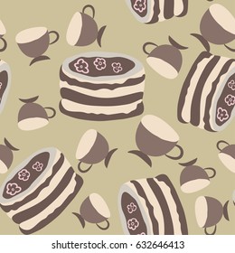 Seamless background with cakes with cream and cups.