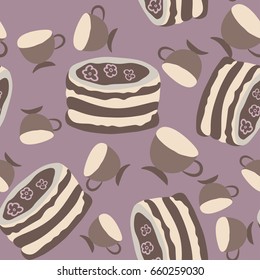 Seamless background with cakes with cream and cups.