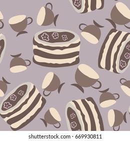 Seamless background with cakes with cream and cups.