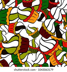 Seamless background cakes. Cupcake, macaron, shortbread. Vector illustration. Cute birthday background on white, black and green. Seamless pattern. Watercolor illustration.