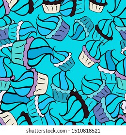 Seamless background cakes. Cupcake, macaron, shortbread. Watercolor illustration. Seamless pattern. Vector illustration. Cute birthday background on blue, black and beige.
