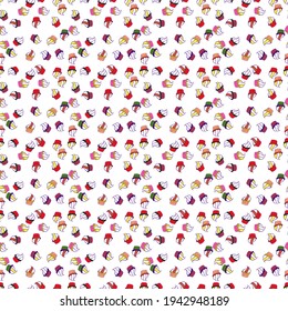 Seamless background cakes. Cupcake, macaron, shortbread. Watercolor illustration. Seamless pattern. Vector illustration. Cute birthday background on violet, white and red.
