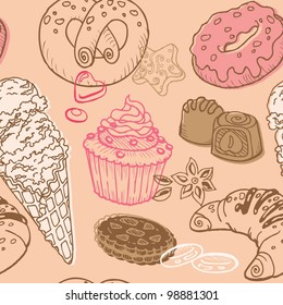 Fondo sin problemas con pasteles, dulces y postres - en vector