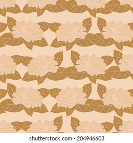 Seamless background with camellia flowers in sepia colors, vector illustration