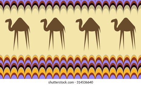 Seamless background with camels. Ethnic pattern. Template for design fabric, backgrounds, wrapping paper, package, covers, for cards, invitations. Vector illustration