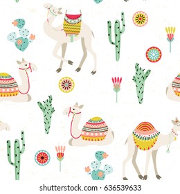 Seamless background with camels with ethnic saddles, cactus and flowers. Vector illustration.