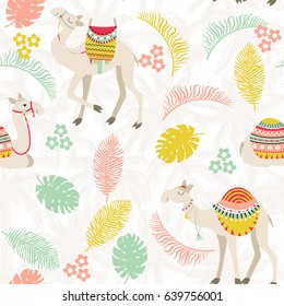 Seamless background with camels with ethnic saddles, palm trees, leaves and branches. Vector illustration.