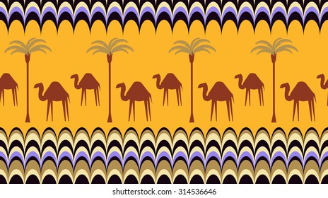 Seamless background with camels and palm trees. Ethnic pattern. Template for design fabric, backgrounds, wrapping paper, package, covers, for cards, invitations. Vector illustration