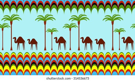 Seamless background with camels and palm trees. Ethnic pattern. Template for design fabric, backgrounds, wrapping paper, package, covers, for cards, invitations. Vector illustration