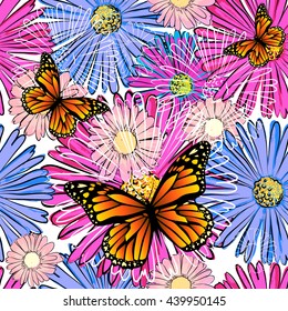 Seamless background of camomile with butterflies. Vector