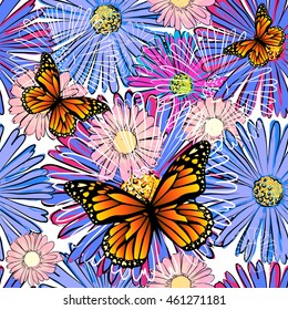 Seamless background of camomile with butterflies. Vector