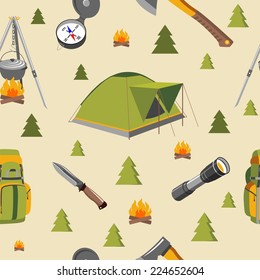 Seamless background with camp tourism equipment and objects