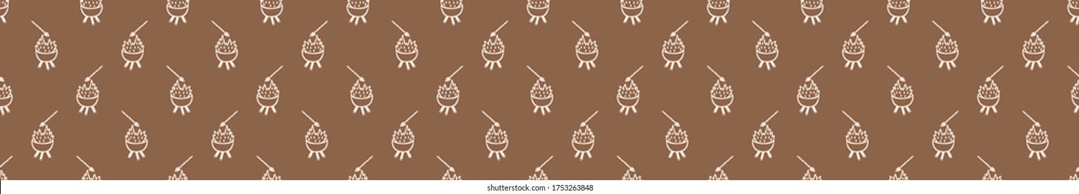 Seamless background campfire banner. Gender neutral baby border pattern. Simple whimsical minimal earthy 2 tone color. Kids nursery edging or boho camping fashion ribbon trim.