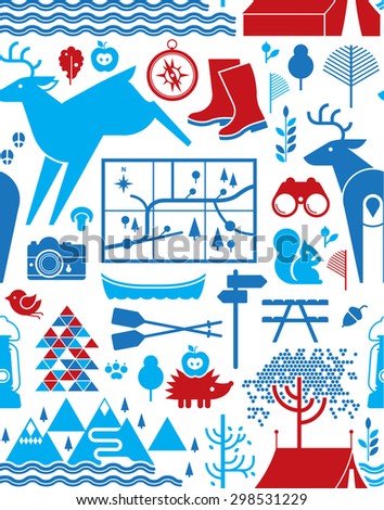Seamless background with camping and outdoor activities symbols
