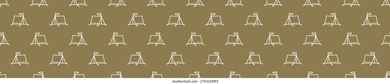 Seamless background camping tent banner. Gender neutral baby border pattern. Simple whimsical minimal earthy 2 tone color. Kids nursery edging or boho outdoor fashion ribbon trim.
