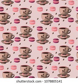 Seamless background with cap of  coffee and macaroons. Vector illustration.