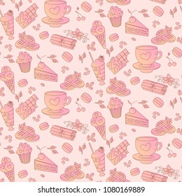 Seamless background with cap of coffee or tea, macaroons, piece of cake, chocolate, ice cream, and vanilla. Vector illustration in modern flat style.