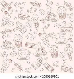 Seamless background with cap of coffee or tea, macaroons, piece of cake, chocolate, ice cream, and vanilla. Vector illustration in modern flat style.
